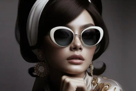 Ilustrasi wanita dengan gaya 1960-an lengkap dengan kacamata hitam yang ikonik